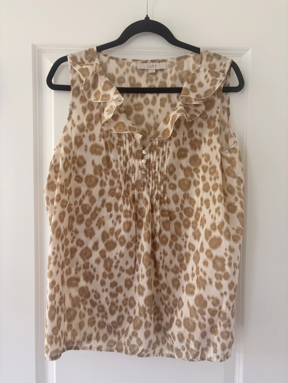 LOFT Beige and Tan Leopard-Print Ruffle Sleeveless Blouse
